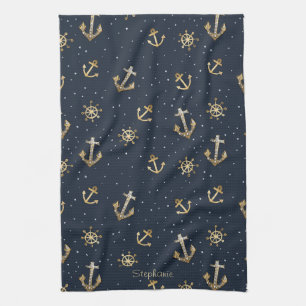 Nautical Gold Anchor & Helm Pattern on Blue Tea Towel