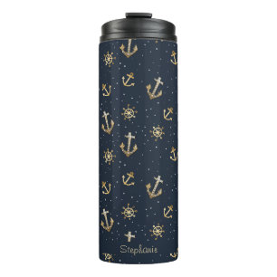 Nautical Gold Anchor & Helm Pattern on Blue Thermal Tumbler