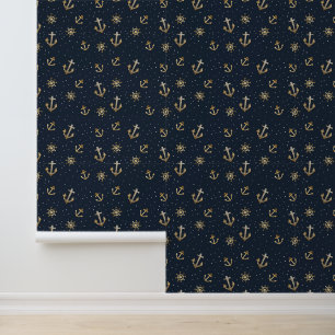 Nautical Gold Anchor & Helm Pattern on Blue Wallpaper