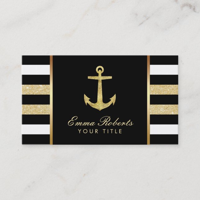 Nautical Gold Anchor Modern Stripes Business Card (Front)