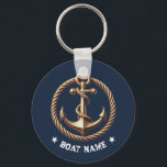 Nautical Gold Anchor Navy Blue Boat Name Key Ring<br><div class="desc">Nautical Gold Anchor Navy Blue Boat Name Keychain.</div>