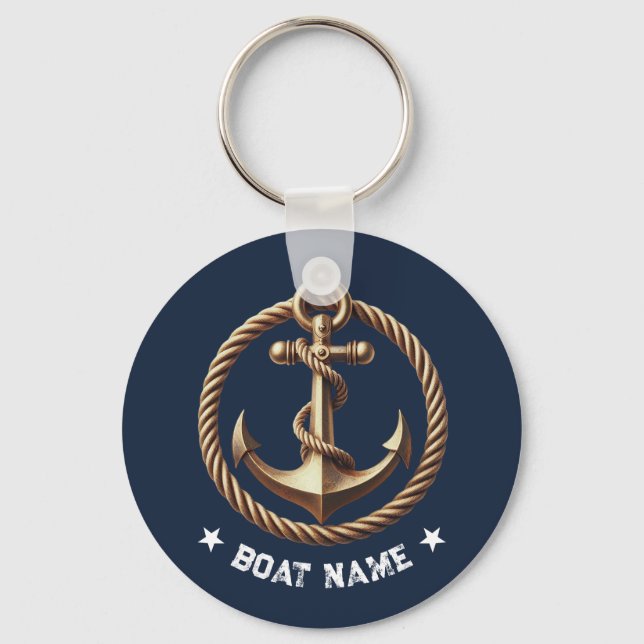 Nautical Gold Anchor Navy Blue Boat Name Key Ring (Front)
