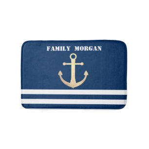 Nautical, Gold Anchor Navy Blue Striped Bath Mat