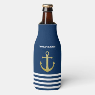 Nautical, Gold Anchor Navy Blue Striped Bottle Cooler