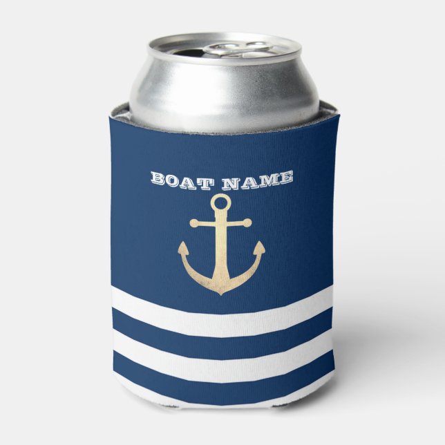 Nautical, Gold Anchor Navy Blue Striped Can Cooler (Can Front)