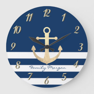 Nautical, Gold Anchor Navy Blue Striped Large Clock