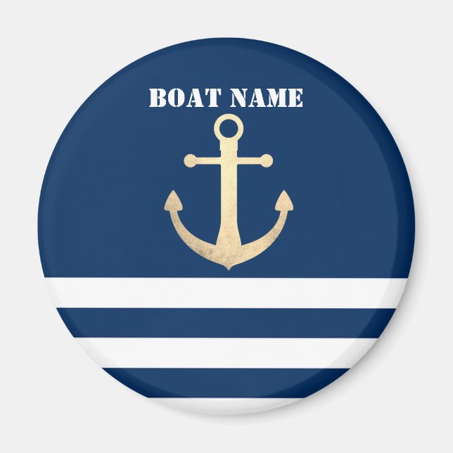 Nautical, Gold Anchor Navy Blue Striped Magnet (Front)