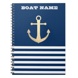 Nautical, Gold Anchor Navy Blue Striped Notebook