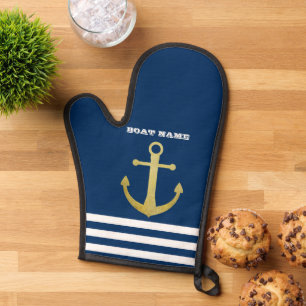 Nautical, Gold Anchor  Navy Blue Striped Oven Mitt