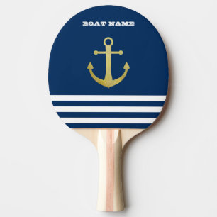 Nautical, Gold Anchor  Navy Blue Striped Ping Pong Paddle