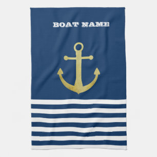 Nautical, Gold Anchor  Navy Blue Striped Tea Towel