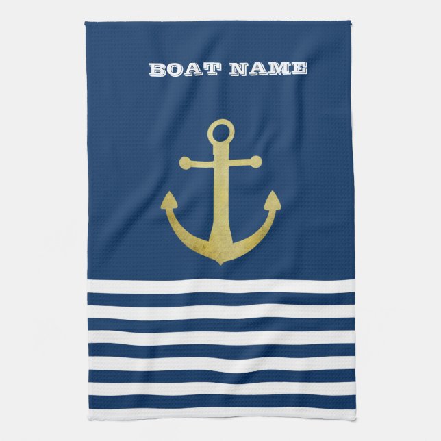Nautical, Gold Anchor  Navy Blue Striped Tea Towel (Vertical)