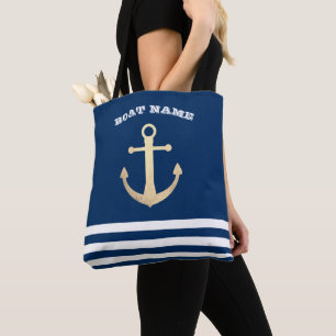 Nautical, Gold Anchor Navy Blue Striped Tote Bag