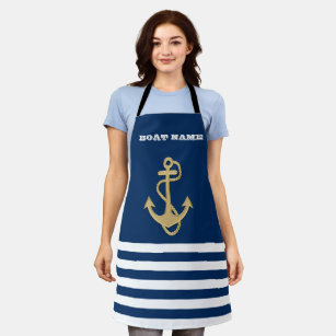Nautical, Gold Anchor Navy Blue Stripes Apron