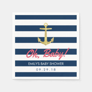 Nautical Gold Anchor Navy Blue Stripes Baby Shower Napkin