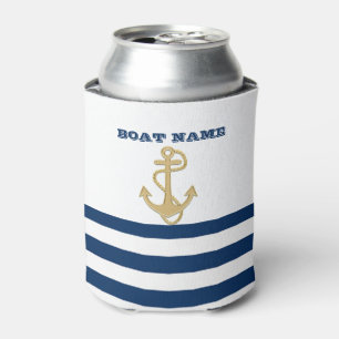 Nautical,Gold Anchor Navy Blue Stripes Can Cooler