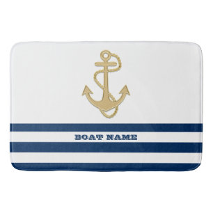 Nautical,Gold Anchor  Navy Blue White Stripes  Bath Mat