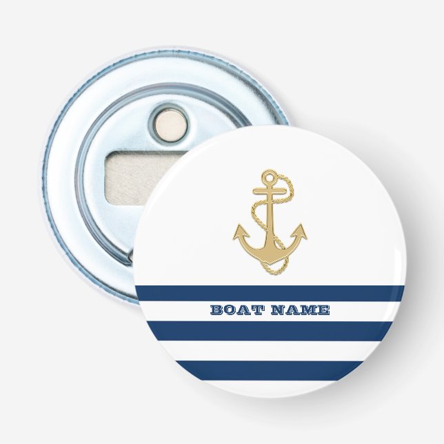 Nautical,Gold Anchor  Navy Blue White Stripes  Bottle Opener (Front)