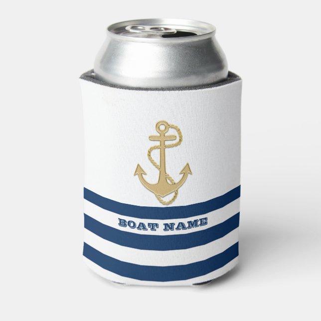 Nautical,Gold Anchor  Navy Blue White Stripes  Can Cooler (Can Back)