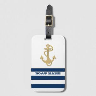 Nautical,Gold Anchor Navy Blue White Stripes Luggage Tag