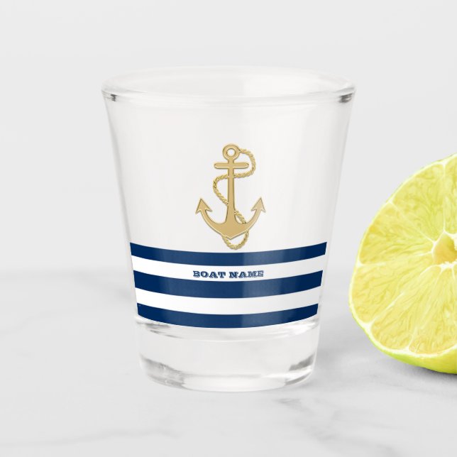 Nautical,Gold Anchor  Navy Blue White Stripes  Shot Glass (Front)