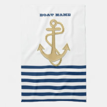Nautical,Gold Anchor  Navy Blue White Stripes 