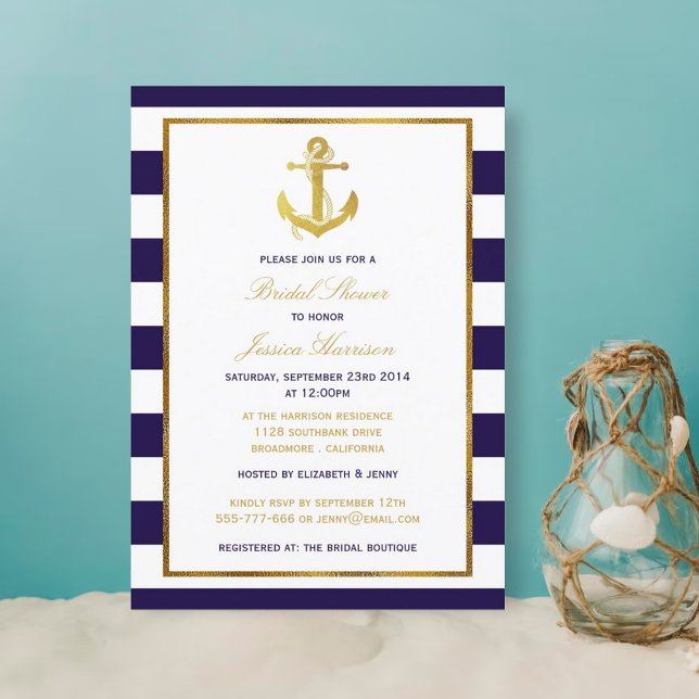 Nautical Gold Anchor Navy Stripe Bridal Shower Invitation (Creator Uploaded)
