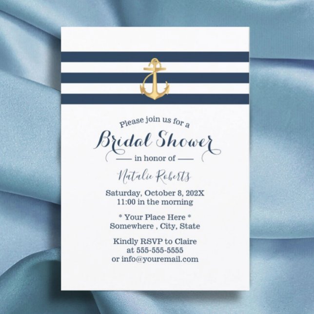 Nautical Gold Anchor Navy Stripes Bridal Shower Invitation (Creator Uploaded)