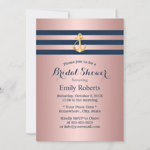 Nautical Gold Anchor Navy Stripes Bridal Shower Invitation