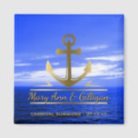 Nautical Gold Anchor Ocean Cruise Wedding Favour Magnet<br><div class="desc">Custom, nautical anchor wedding favour magnet- Faux metallic gold anchor logo is centred with personalised names of couple in gold colour script lettering with a drop shadow. At the bottom is the name of the cruise ship and date. On a beautiful landscape photo background of a deep blue ocean with...</div>