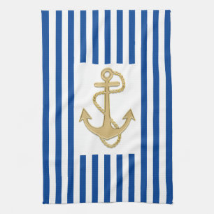 Nautical Gold Anchor on Blue Stripes Hand or Tea Towel