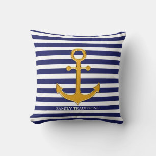 Nautical Gold Anchor on Blue & White Striped Cushion