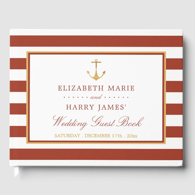 Nautical Gold Anchor, Red Brick & Gold Wedding Guest Book (Front)