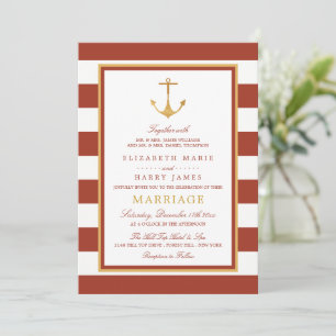 Nautical Gold Anchor, Red Brick & Gold Wedding Invitation