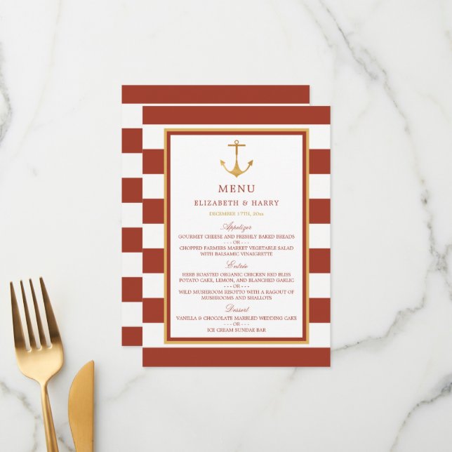 Nautical Gold Anchor, Red Brick & Gold Wedding Menu (Front/Back In Situ)