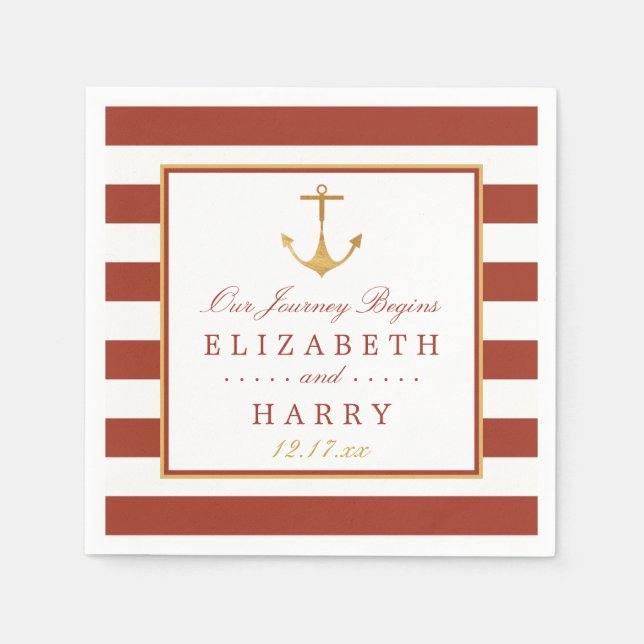 Nautical Gold Anchor, Red Brick & Gold Wedding Napkin (Front)