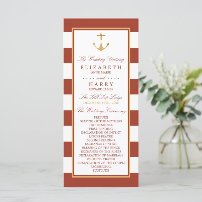 Nautical Gold Anchor, Red Brick & Gold Wedding Program (Standing Front)