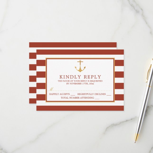 Nautical Gold Anchor, Red Brick & Gold Wedding RSVP Card (Front/Back In Situ)