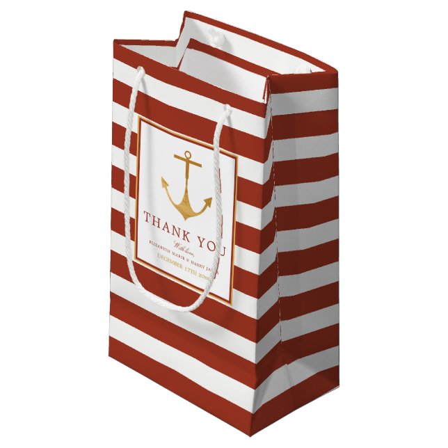 Nautical Gold Anchor, Red Brick & Gold Wedding Small Gift Bag (Front Angled)