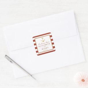 Nautical Gold Anchor, Red Brick & Gold Wedding Square Sticker