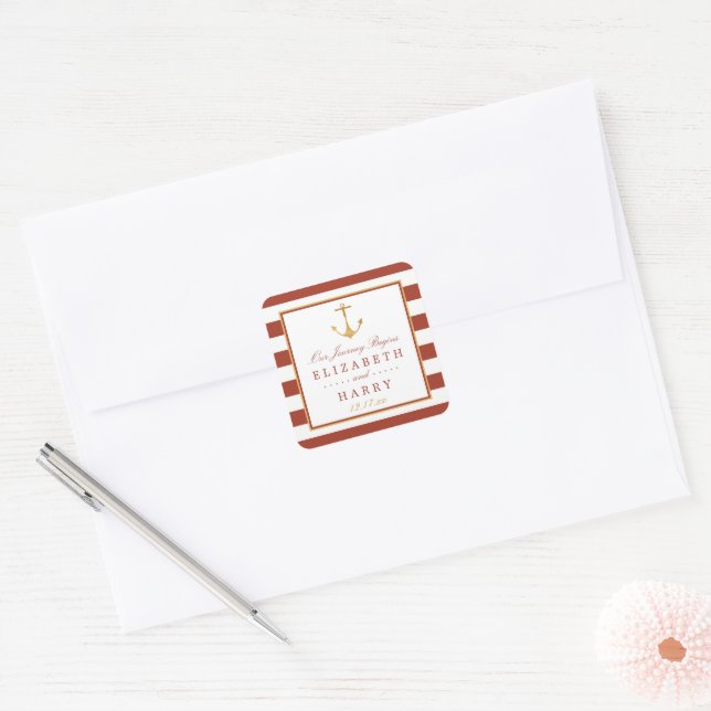 Nautical Gold Anchor, Red Brick & Gold Wedding Square Sticker (Envelope)