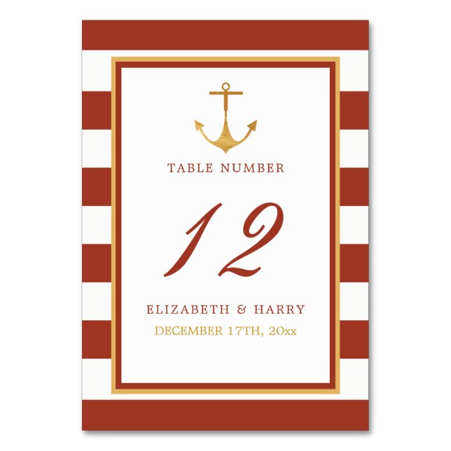 Nautical Gold Anchor, Red Brick & Gold Wedding Table Number (Front)