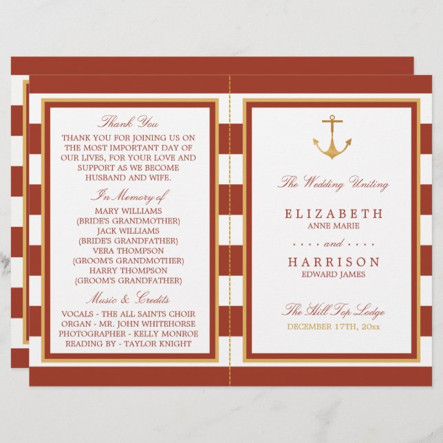 Nautical Gold Anchor, Red Brick Wedding Programme (Front/Back)
