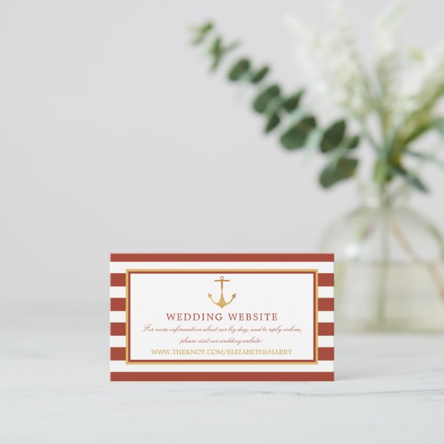 Nautical Gold Anchor, Red Brick Wedding Website Enclosure Card (Standing Front)