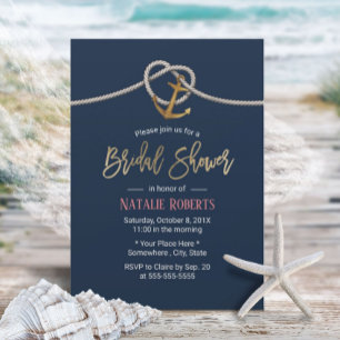 Nautical Gold Anchor Rope Navy Blue Bridal Shower Invitation