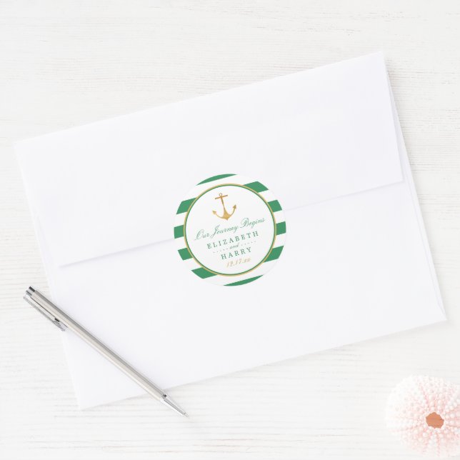 Nautical Gold Anchor, Sea Green & Gold Wedding Classic Round Sticker (Envelope)