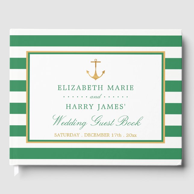 Nautical Gold Anchor, Sea Green & Gold Wedding Guest Book (Front)