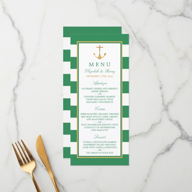 Nautical Gold Anchor, Sea Green & Gold Wedding Menu (Front/Back In Situ)