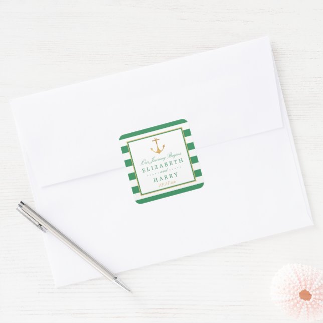 Nautical Gold Anchor, Sea Green & Gold Wedding Square Sticker (Envelope)