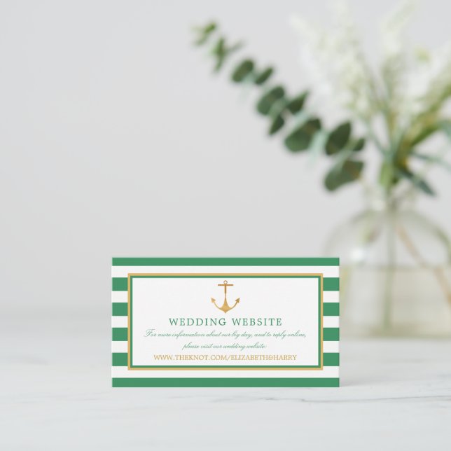 Nautical Gold Anchor, Sea Green Wedding Website Enclosure Card (Standing Front)